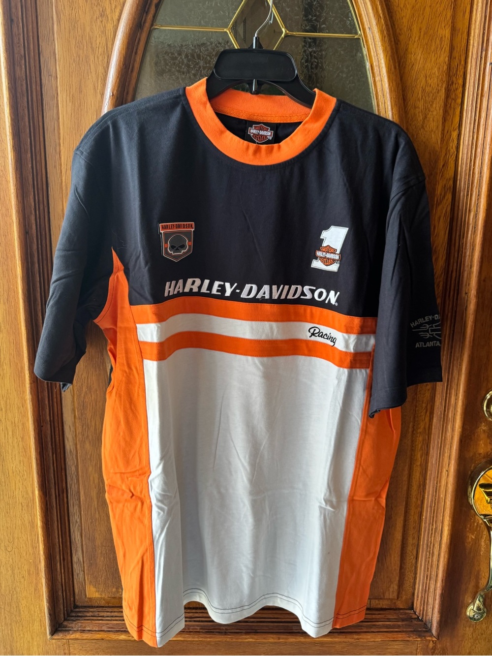 Men’s Large Harley-Davidson Black, Orange & White embroidered Racing Tee